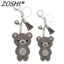 Load image into Gallery viewer, Cute Bear Leather Tassel Keyrings Keychains Full Crystal Rhinestone Beads Silver Car Handbag Pendant Key Chian Ring Holder