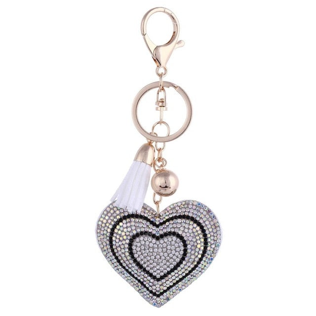 Heart Pendant Golden Plated Keychain Leather Tassel Crystal Rhinestone Bag Purse Car llaveros Key Chains Jewelry Key Ring Holder