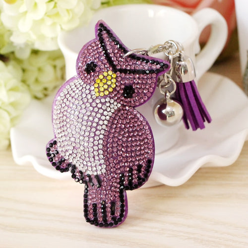 Vintage Charms Cute Owl Pendant Tassel Keychain Crystal Silver Chain Leather Tassel Key Chain Women Chaveiro Key Ring llaveros