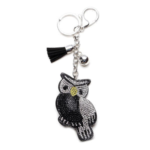 Vintage Charms Cute Owl Pendant Tassel Keychain Crystal Silver Chain Leather Tassel Key Chain Women Chaveiro Key Ring llaveros